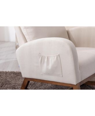 Beige Linen Rocking Recliner Chair – Modern Home Furniture with Wood Legs, Side Pocket & High Back