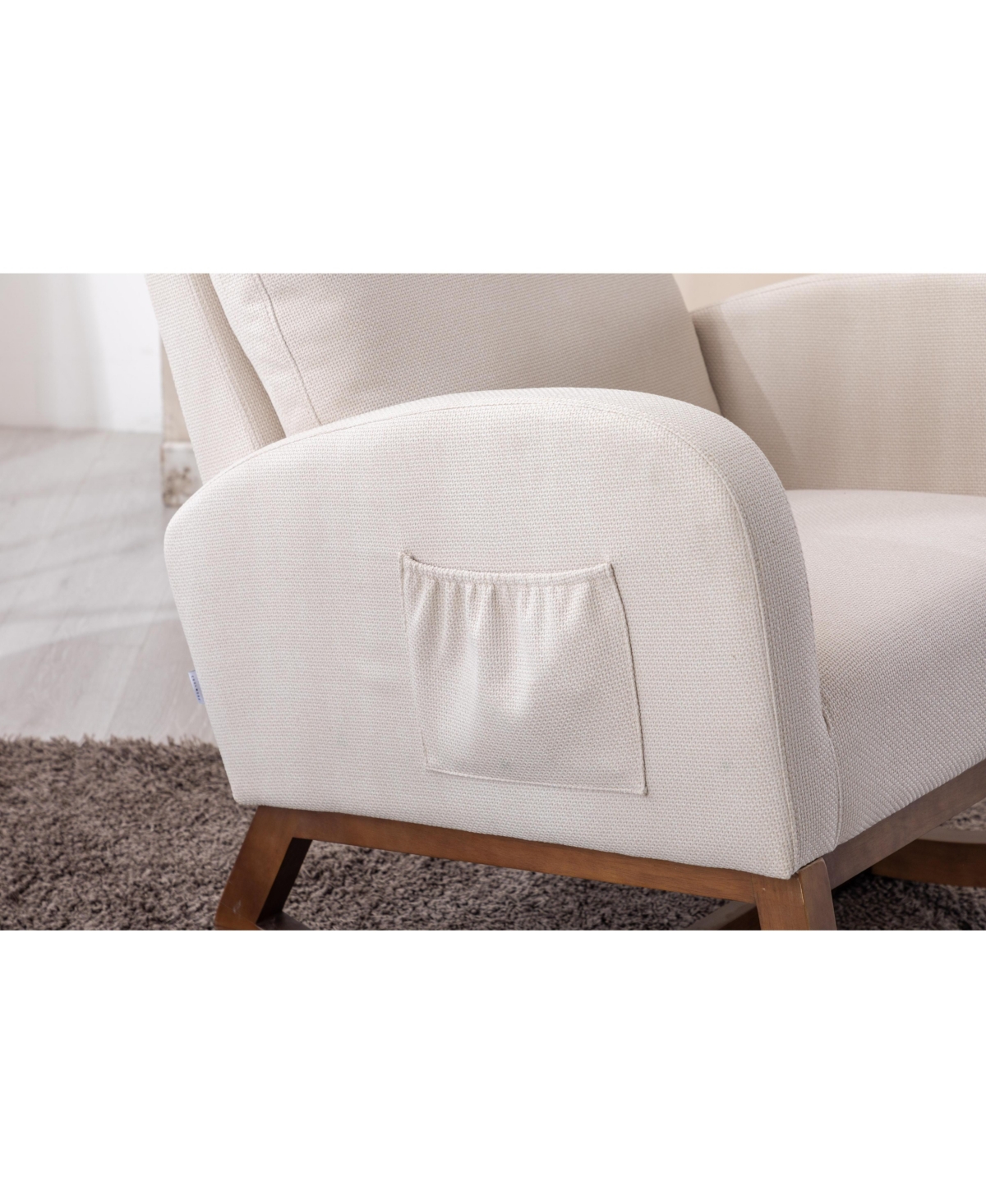 Flynama Beige Linen Rocking Recliner Chair – Modern Home Furniture with Wood Legs, Side Pocket & High Back