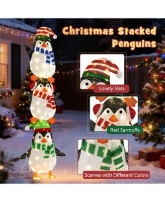 Lighted Penguins Decoration Set of 3 with 156 Warm White Lights Cute Hats & Scarves