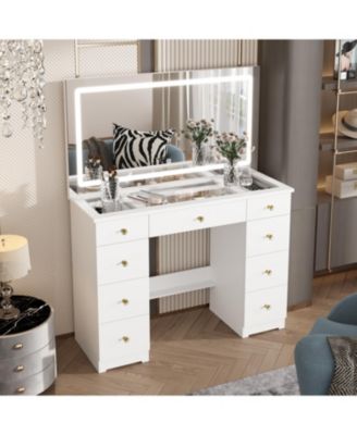 9-Drawer Vanity with 3 Color LED Mirror, Tempered Glass Countertop,Crystal Handle, Makeup Table,Chest