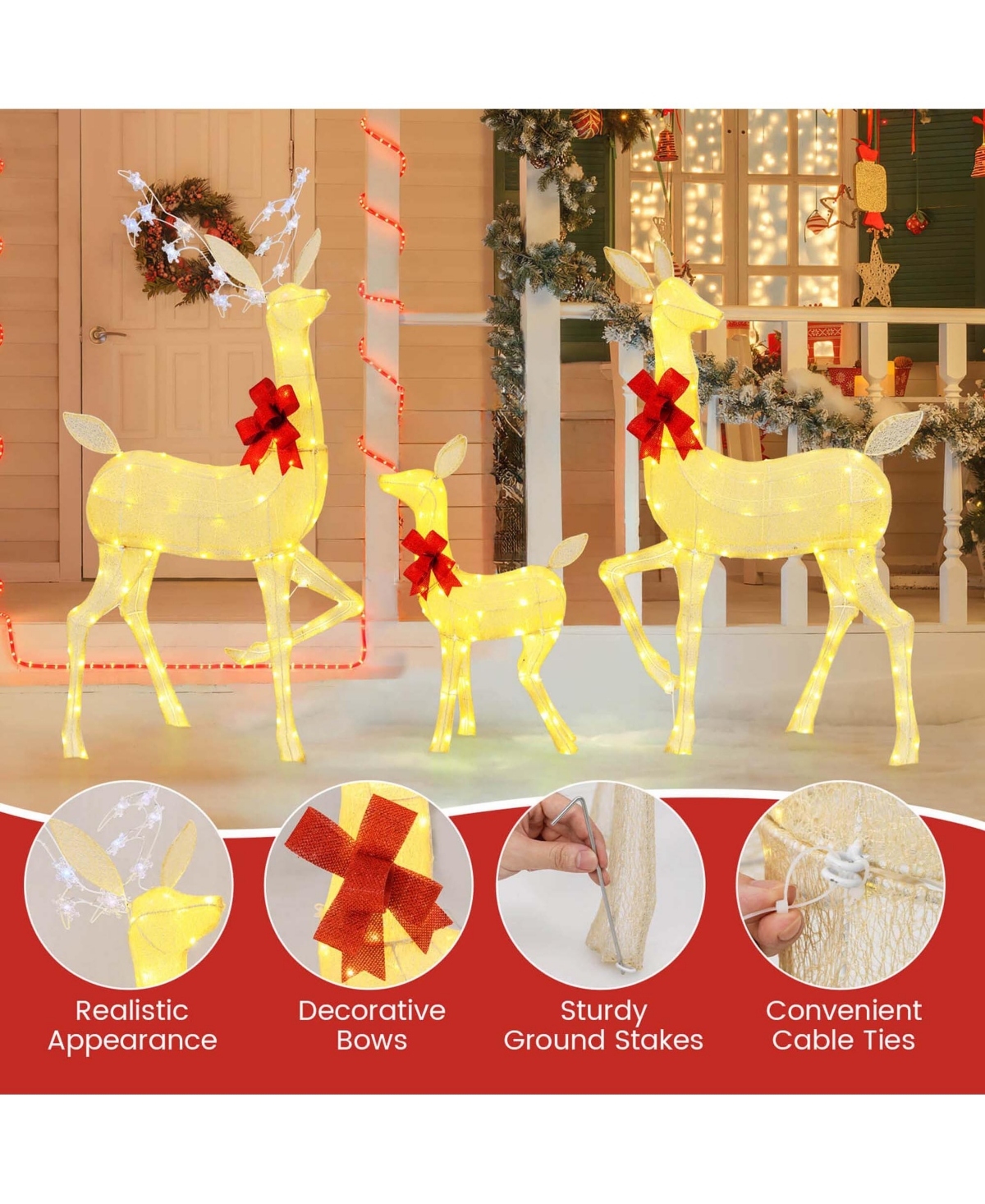 3 Pcs Lighted Family Deer Set with Led Lights Rgb Flashing Lights 12 Ground Stakes
