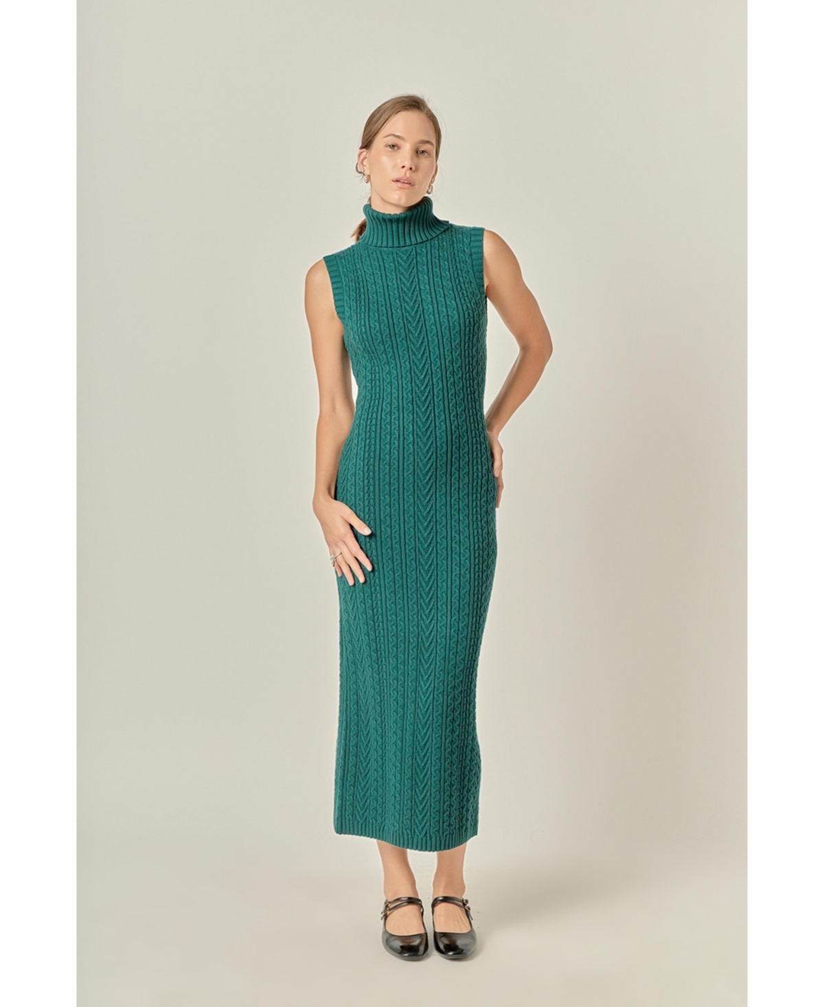 English Factory Women's Cable Knit Mock Neck Midi Dress