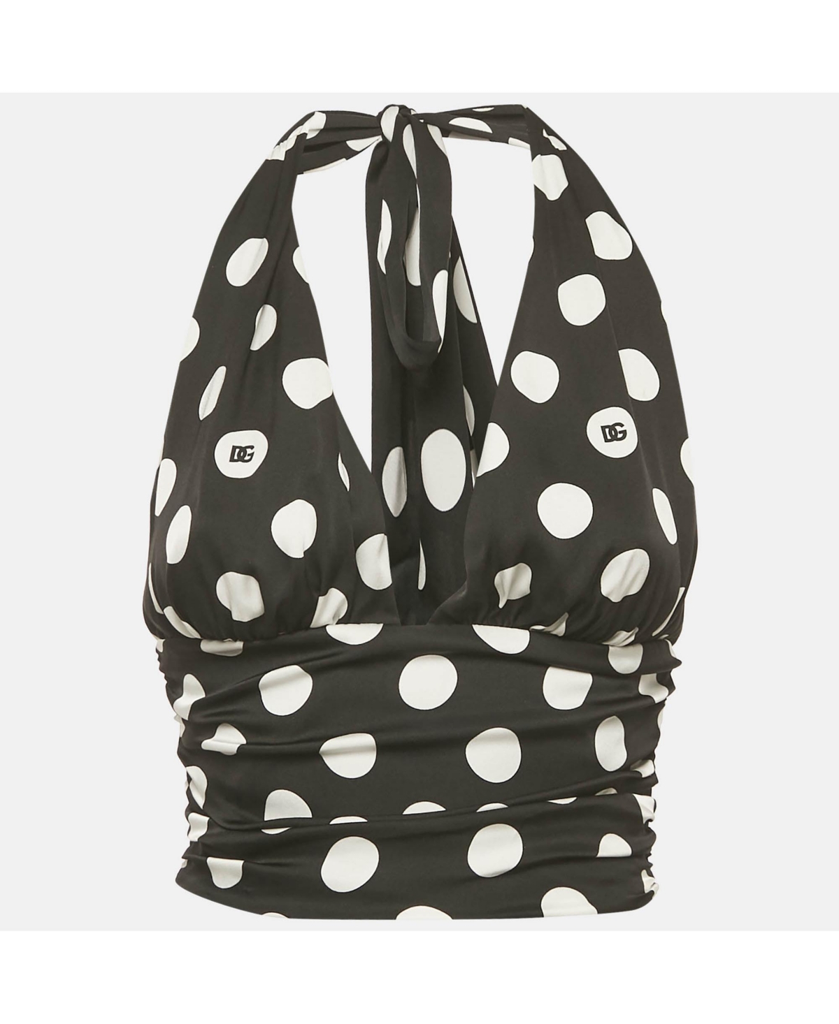 Pre-Owned Dolce & Gabbana Women's Black Polka Dots Print Silk Halter Neck Top