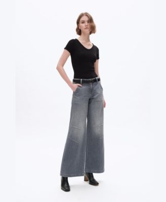 Women's Retro Washed Mid-Rise Wide-Leg Jeans