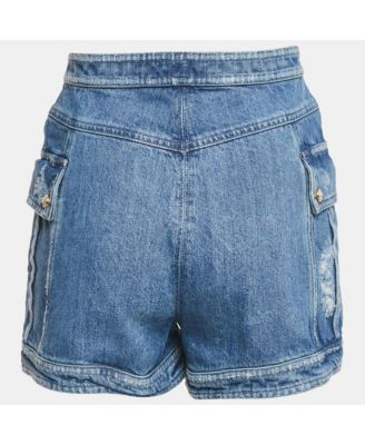 Women's Blue Distressed Denim Button Detail Shorts