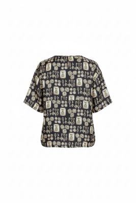 Women's Black And Beige Dice Key Printed Silk Short Sleeve Top