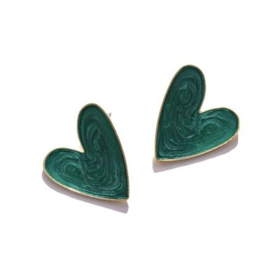 Women's Green Enamel Heart Stud Earrings