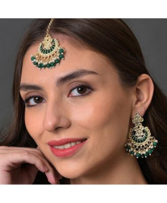 Women's Green  Stone Drop Earrings & Maangtika Set