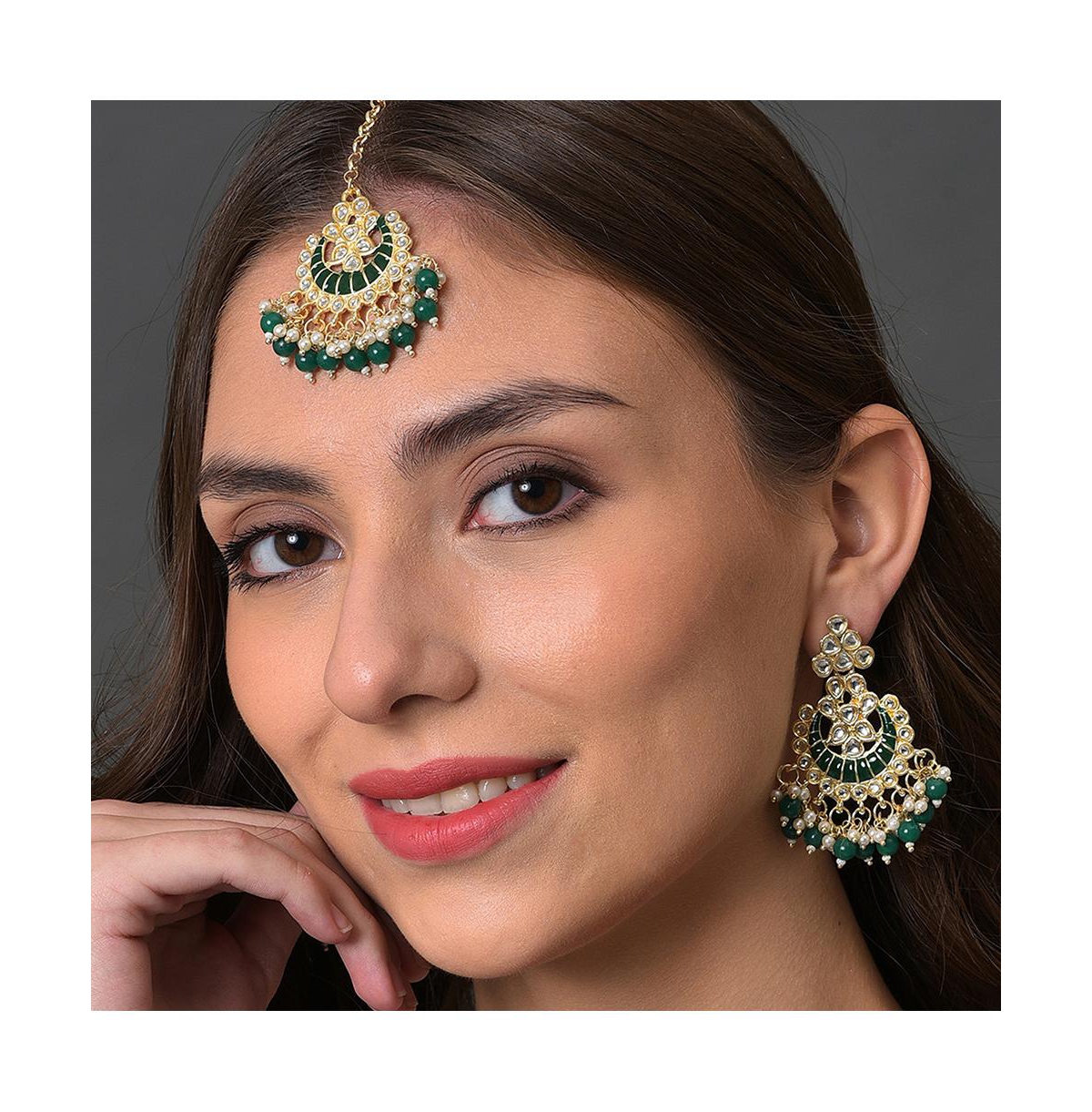 Sohi Women's Green Stone Drop Earrings & Maangtika Set