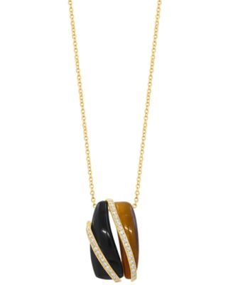 Diamond (1/6 ct. t.w.), Tigers Eye (2 ct. t.w.) & Onyx Pendant Necklace in 14k Yellow Gold