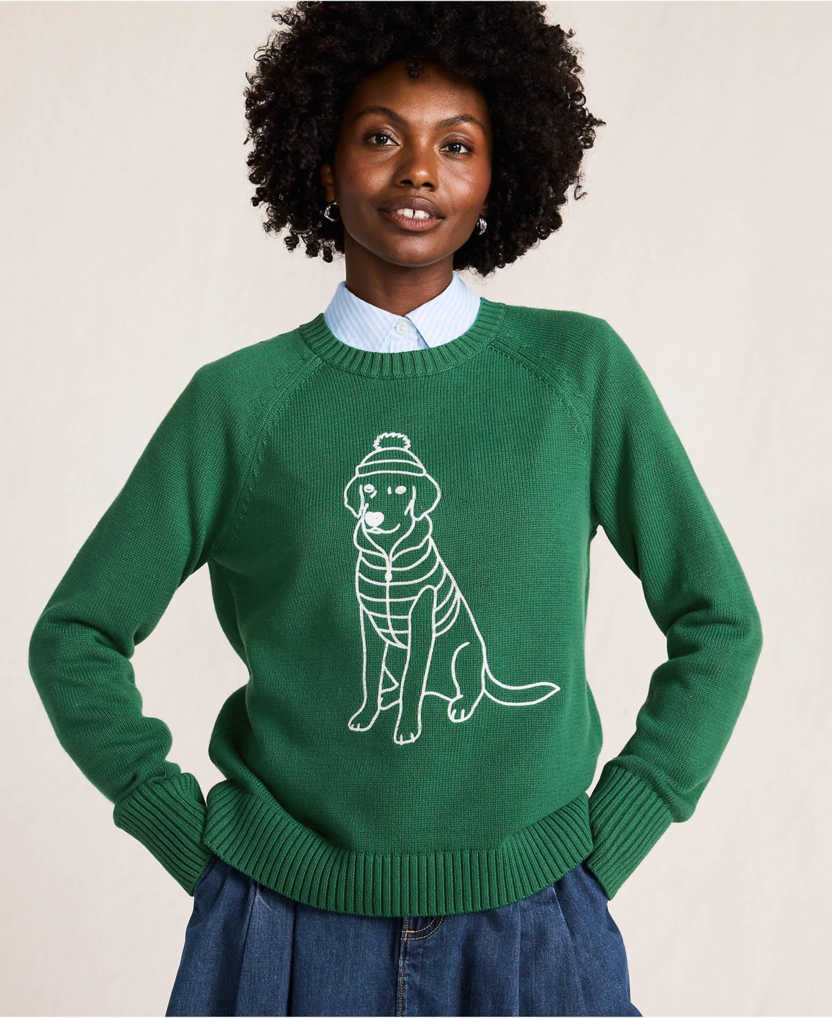 Lands' End Women's Drifter Embroidered Raglan Crew Neck Sweater