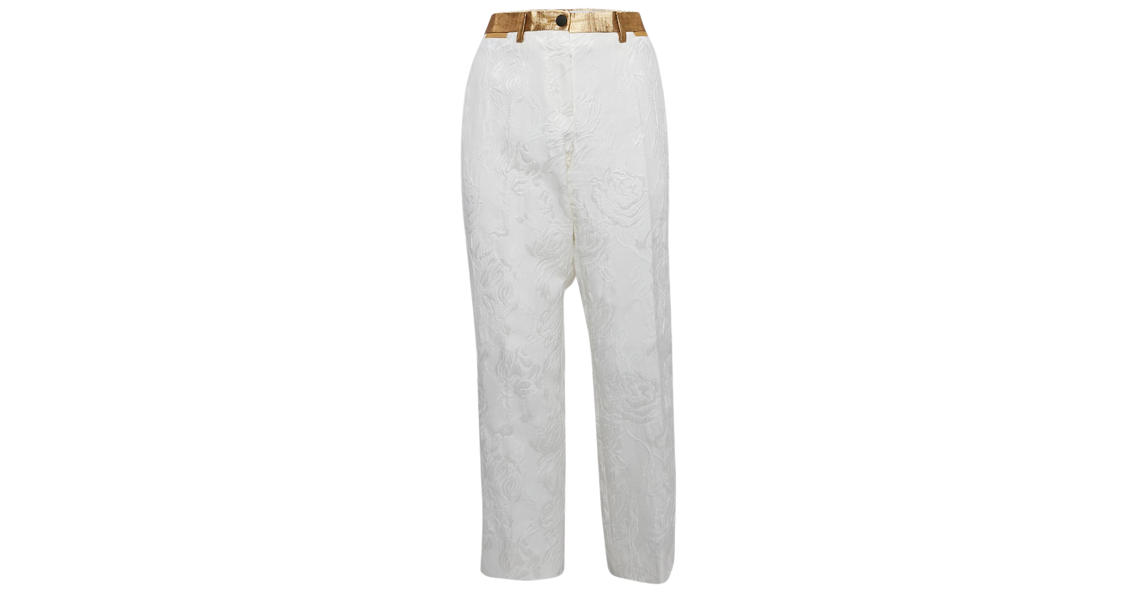 Pre-Owned Dolce & Gabbana Women's Pre-Owned Dolce and Gabbana White Floral Jacquard Contrast Trimmed Trousers