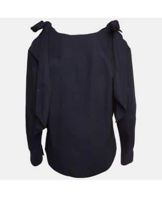Women's Navy Blue Poplin Tie-Up Cold Shoulder Blouse
