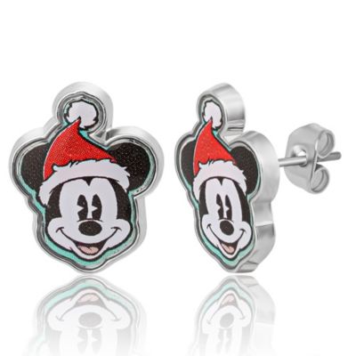 Holiday Stud Earring Set, 3 Pairs - Mickey Santa, Peppermint Ears & Gifts, Silver Tone