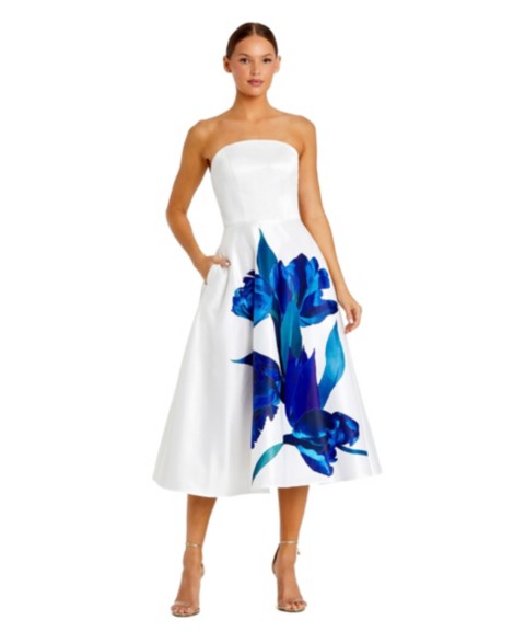 Женские платья Mac Duggal Women's Strapless Satin Midi Dress With Flower Print
