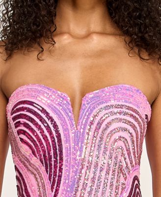 Juniors' Swirl Strapless Sequined Gown