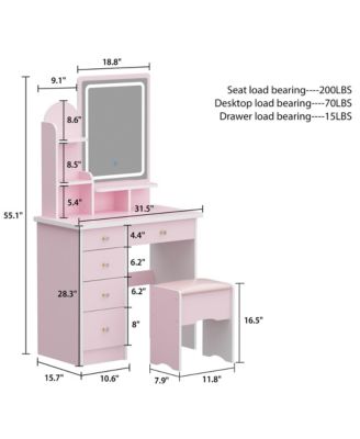 5-Drawer Vanity Set with LED Mirror, Cushioned Stool, and 3-Tier Storage Shelves – Pink MDF Dressing Table