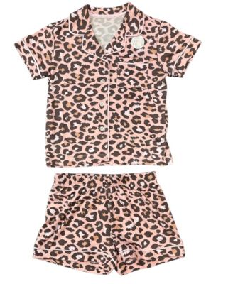 TAHARI Little Girls 3-Piece Pajama Set with Short Sleeve Notch Collar Top, Elastic Waistband Pants, and Shorts Bonus Scrunchie, Coral Blush, 4