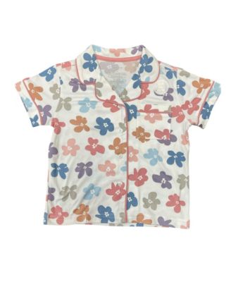 3-Piece Pajama Set with Short Sleeve Notch Collar Top, Elastic Waistband Pants, and Shorts Bonus Scrunchie, Flower Power, 7/8