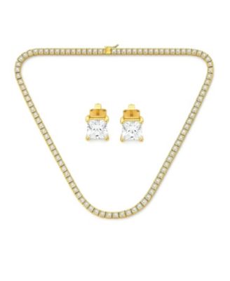 Princess-Cut CZ Tennis Necklace & 1CT Square CZ Stud Earrings Jewelry Set Gold-Tone Plated