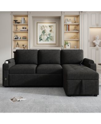 83.5" L-shaped Sofa Couch Convertible Sofa Bed Sectional Sofa with Ample Storage Space, Two Cup Holders and Two USB Ports for Living Room