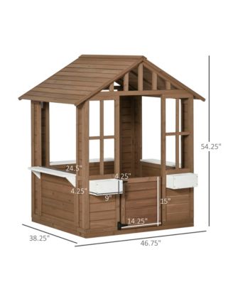 Outsunny wooden playhouse with door & windows, flowerpot holders, 46"x38", outdoor cottage for kids ages 3–8.
