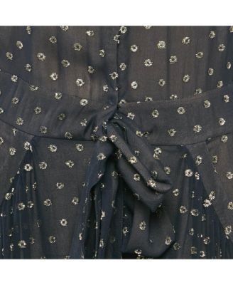 Women's Navy Blue Silk Lurex Fil-Coupe Tie-Up Detail Jumpsuit