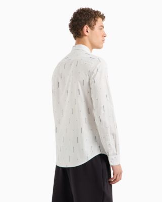 Men's Slim Fit Long Sleeve Button-Front Striped Logo Print Shirt