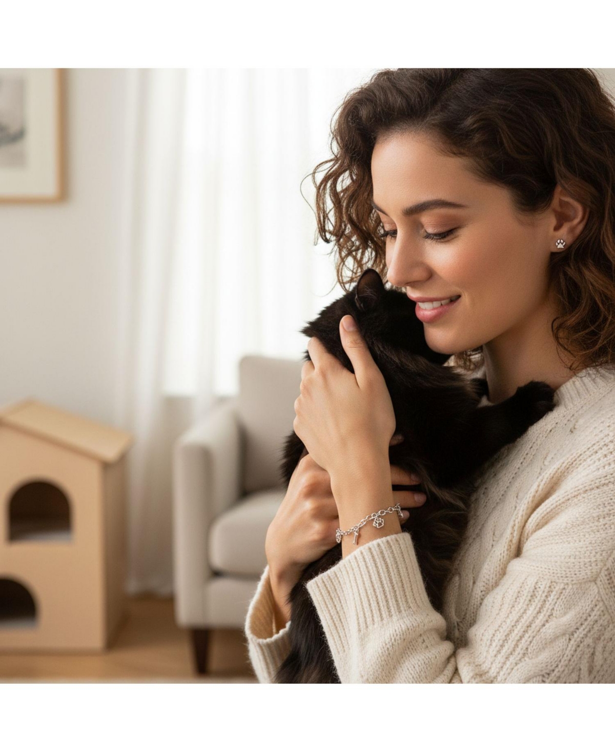 Bling Jewelry Animal Lover Best Friend Puppy Kitten Multi-Charm Bracelet & Matching Paw Print Stud Earrings Jewelry Set Sterling Silver