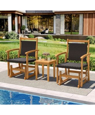 2PCS Patio Rattan Glider Chair with Acacia Wood Frame and Wicker Seat Back Armrests