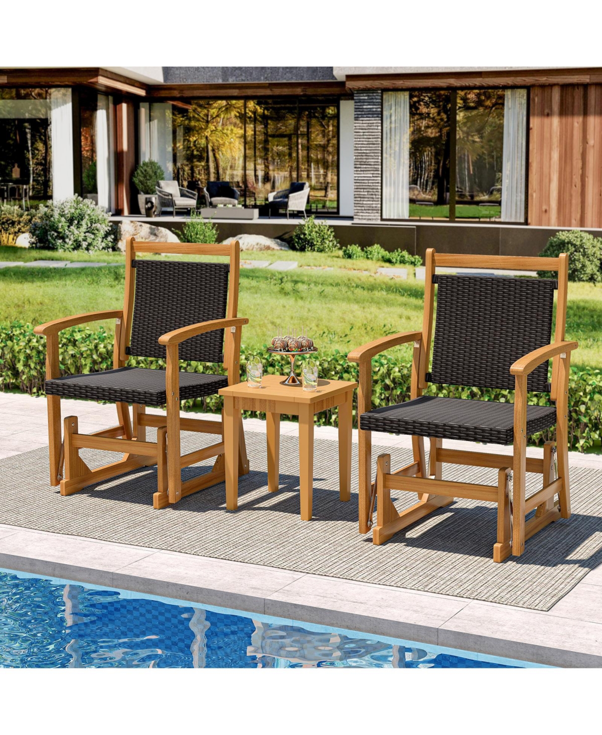 Gymax 2PCS Patio Rattan Glider Chair with Acacia Wood Frame and Wicker Seat Back Armrests