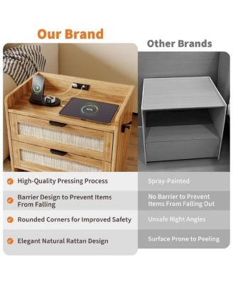 Rattan Nightstand, Bedside Table with Type-C Charging Station - 2 Storage Drawer Space, Boho End Table Side Table, 1pcs