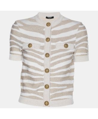 Women's Metallic Beige Zebra Detail Stretch Knit Cardigan