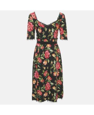 Women's Black Floral Print Crepe Midi Dress