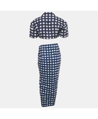 Women's Navy Blue/white Checkered Silk Blend & Jersey Crop Top & Skirt Set