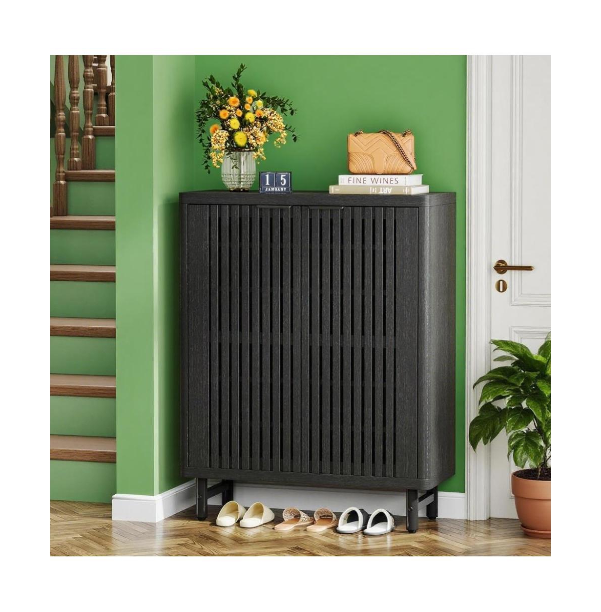 Slickblue Narrow Hallway Shoe Cabinet with Wooden Doors