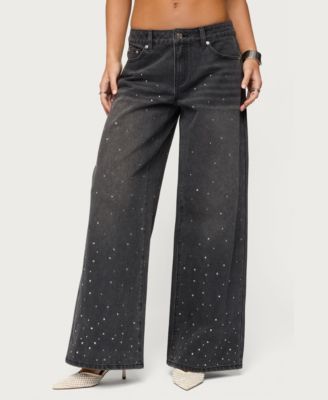 Women's Rhinestone Washed Low Rise Baggy Jeans