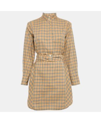 Women's Brown Vintage Check Cotton Belted Mini Dress