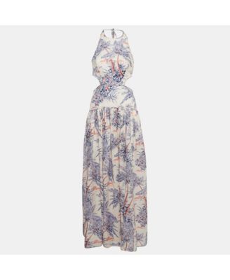Women's Pink Palm Tree Print Linen Halter Neck Maxi Dress