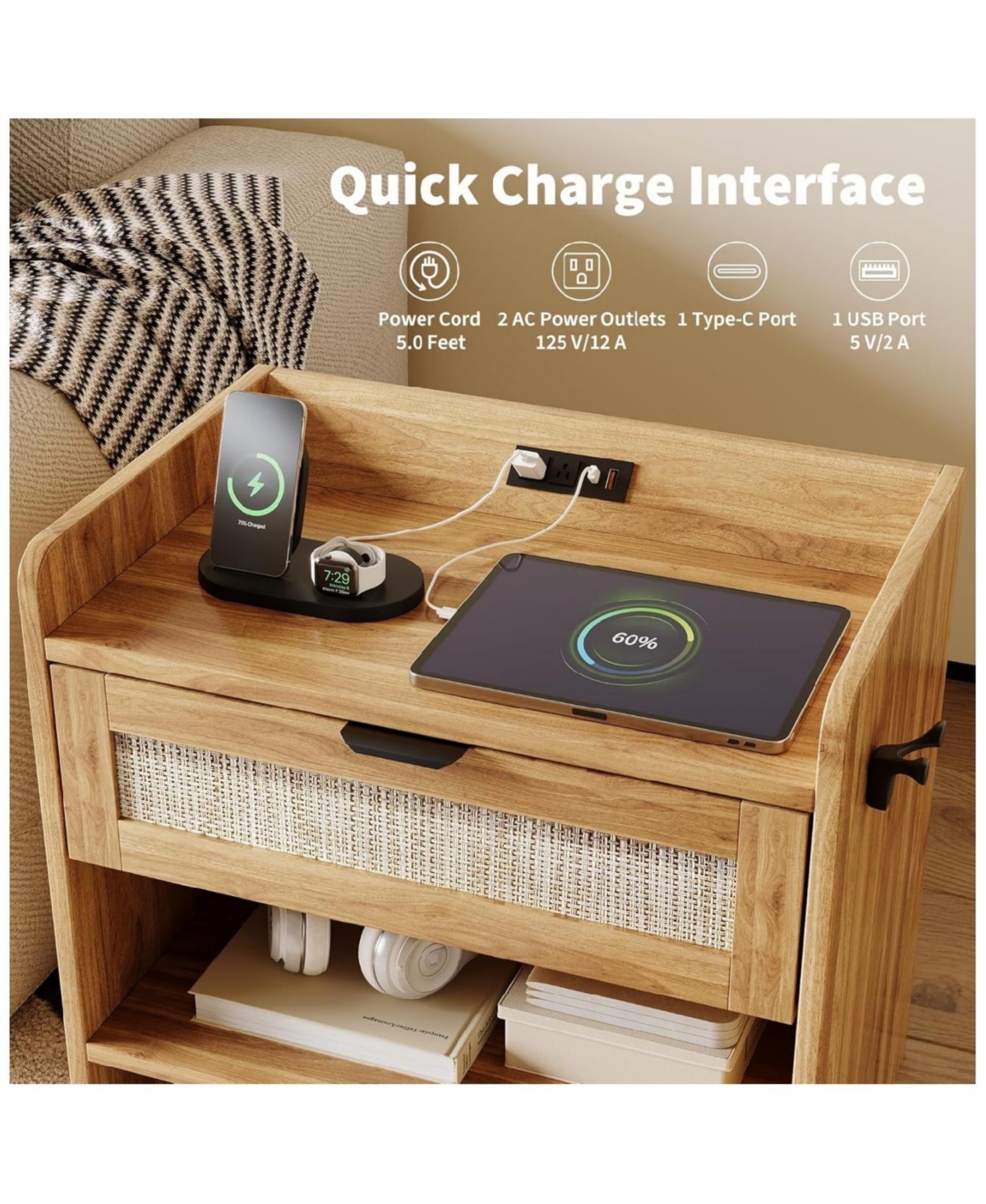 gaomon Rattan Nightstand Set of 2, Bedside Table with Type-c Charging Station - 1 Drawer & Open Storage Space, Boho End Side Table.