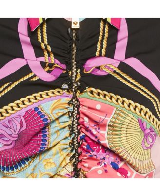 Women's Multicolor Ventagli Print Silk Zip Up Shirt Midi Dress