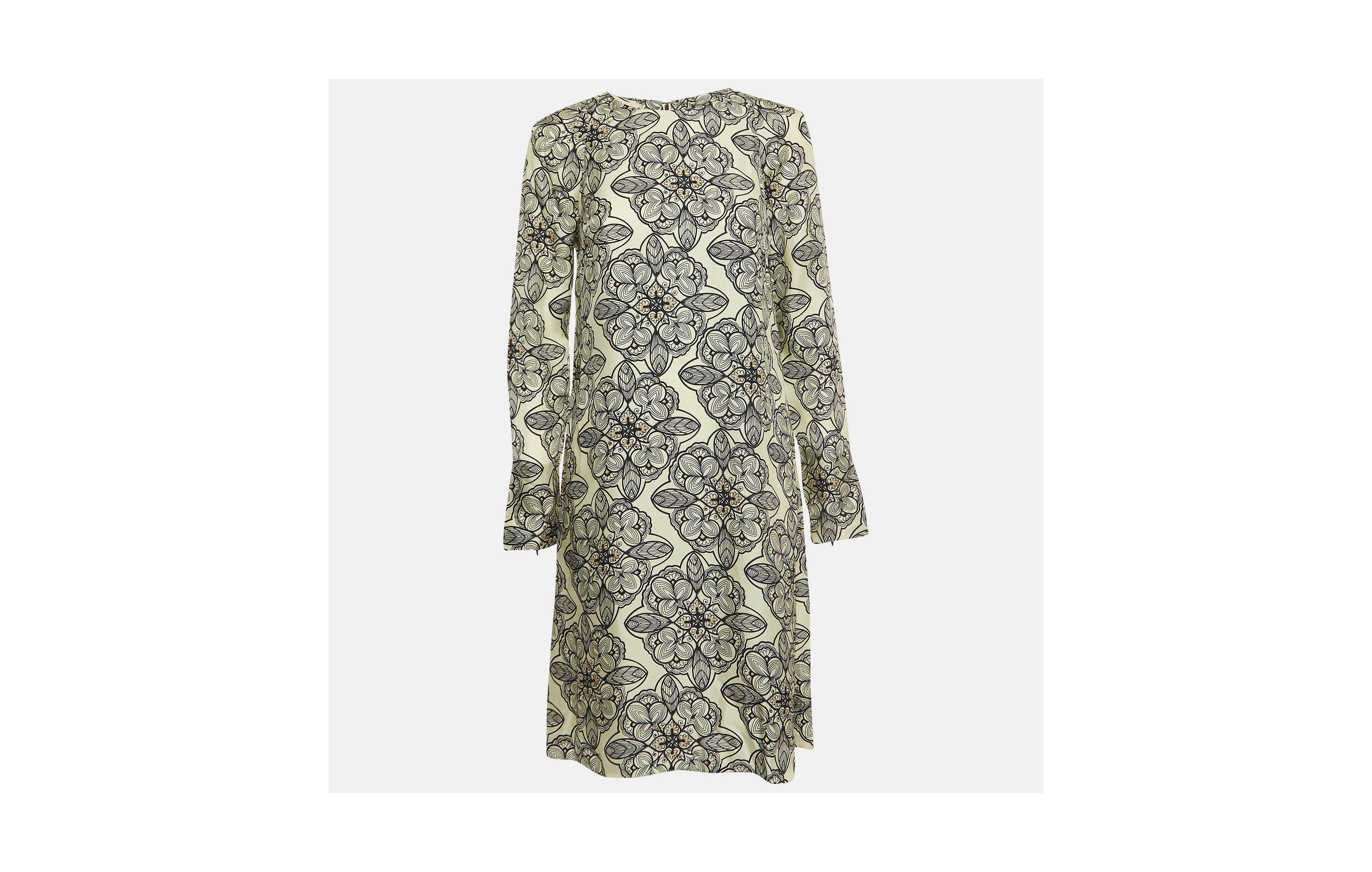 Pre-Owned Marni Women's Cream Floral Print Silk Long-Sleeve A-Line Dress