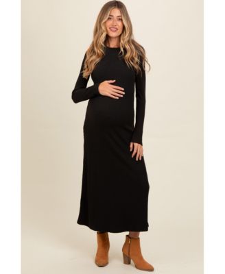 Maternity Charcoal Ribbed Knit Side Slit Midi Dress
