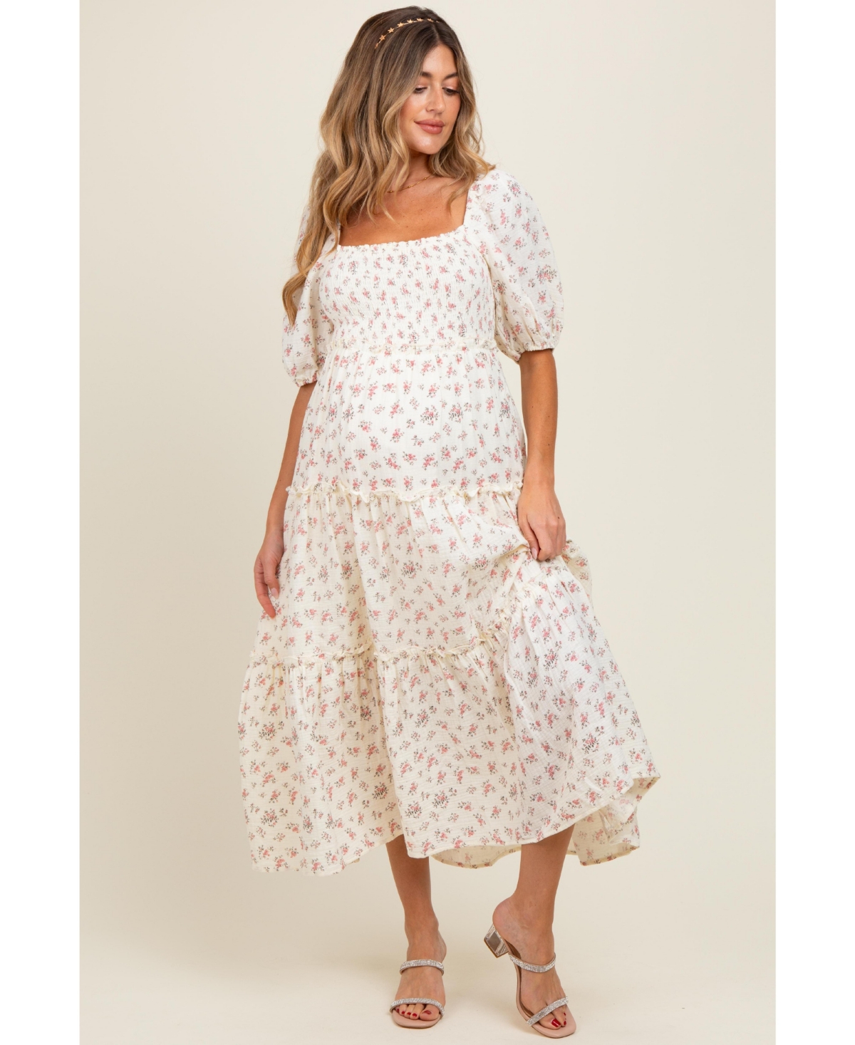 Pinkblush Maternity Pink Floral Smocked Ruffle Tiered Maxi Dress