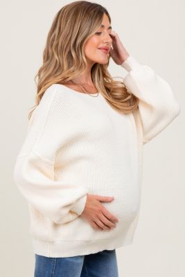 Maternity Cream Balloon Sleeve Boat Neck Knit Sweater