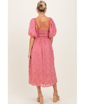 Maternity Mauve Embroidered Floral Puff Sleeve Midi Dress