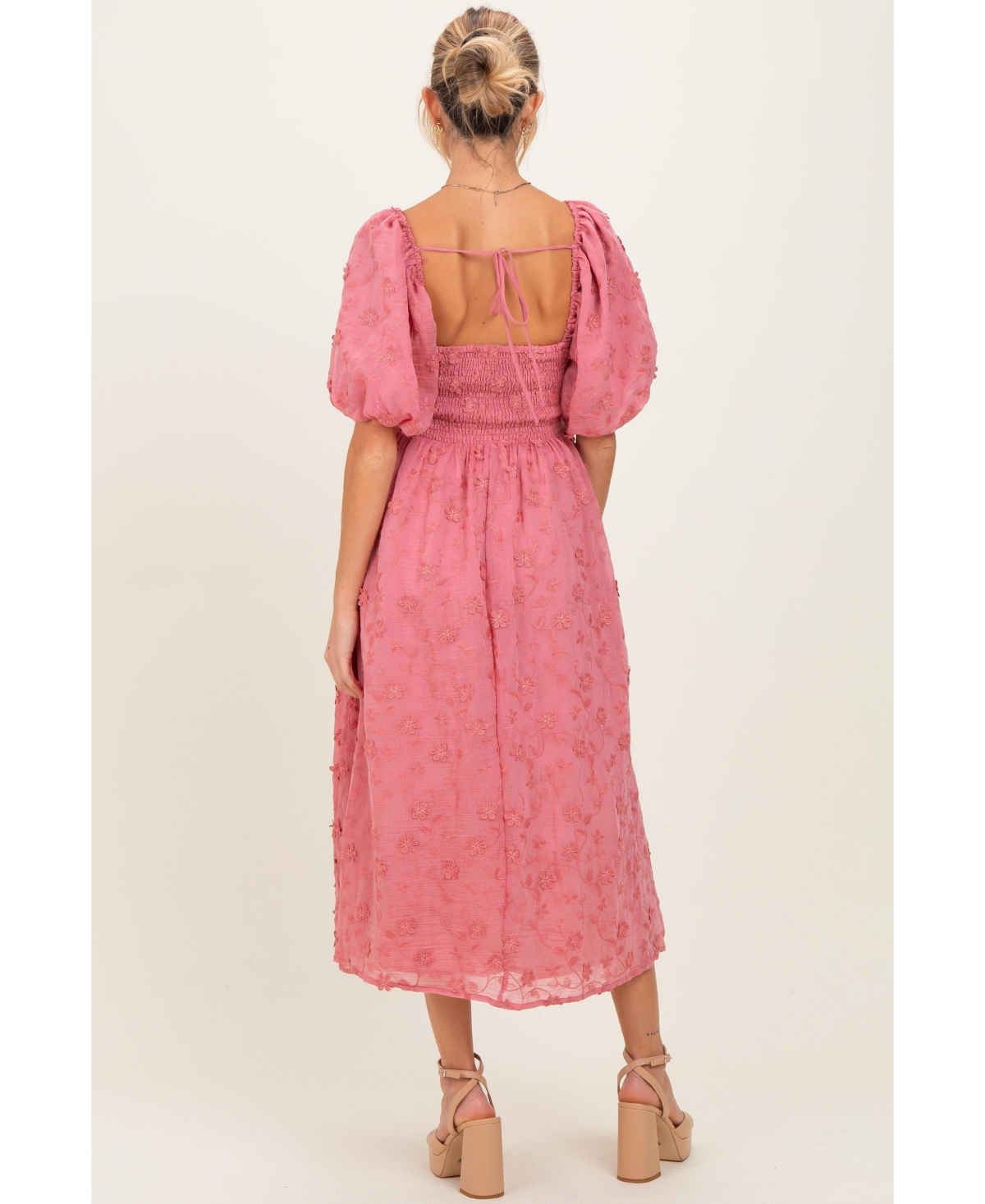 Pinkblush Maternity Mauve Embroidered Floral Puff Sleeve Midi Dress
