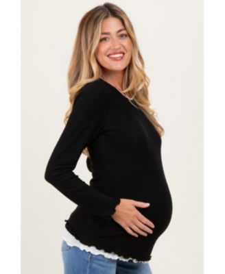 Maternity Black/White Ribbed Long Sleeve Twofer Top