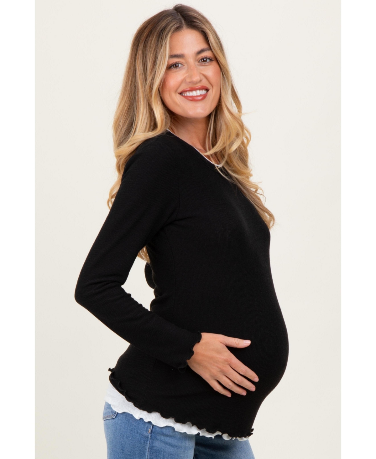 Pinkblush Maternity Black/White Ribbed Long Sleeve Twofer Top