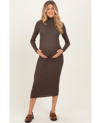 Maternity Brown Turtle Neck Long Sleeve Rib Fitted Midi Dress